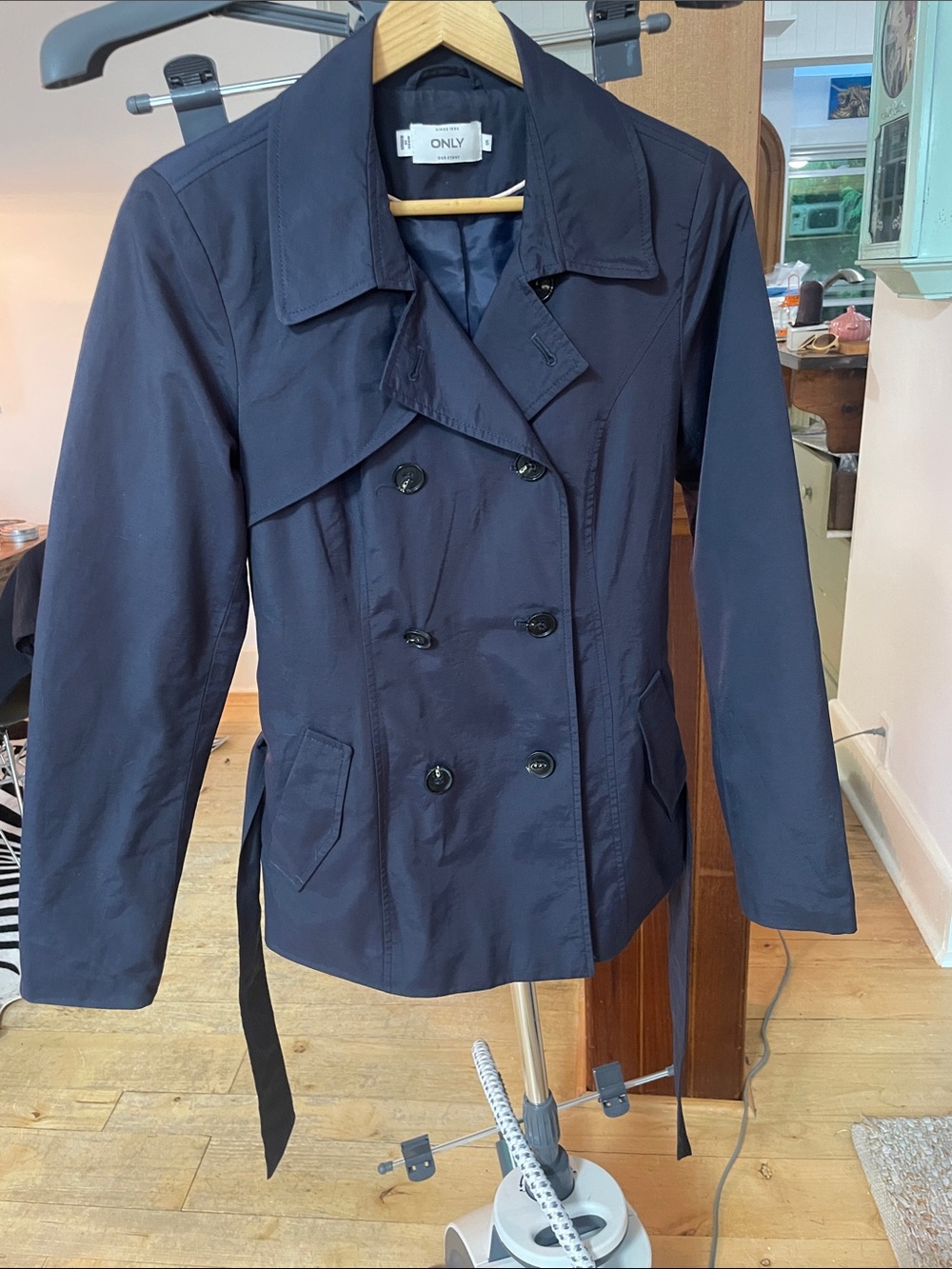 Only Navy Double-Breasted Short Trench Jacket